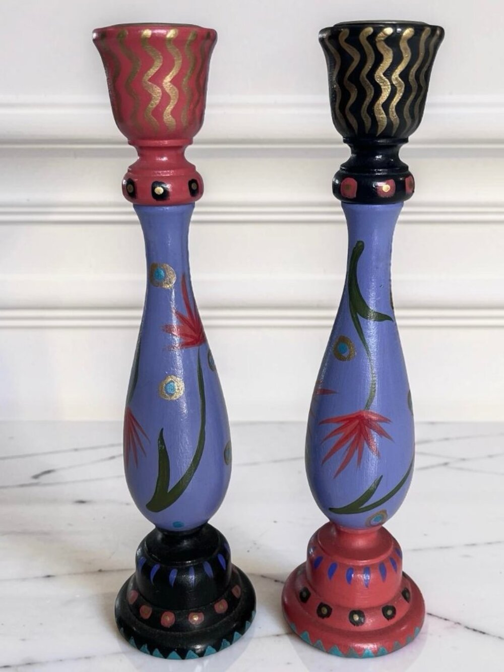 Whimsical Hand Painted Wooden Candlestick Holders Set Colorful Folk Art Boho 9"